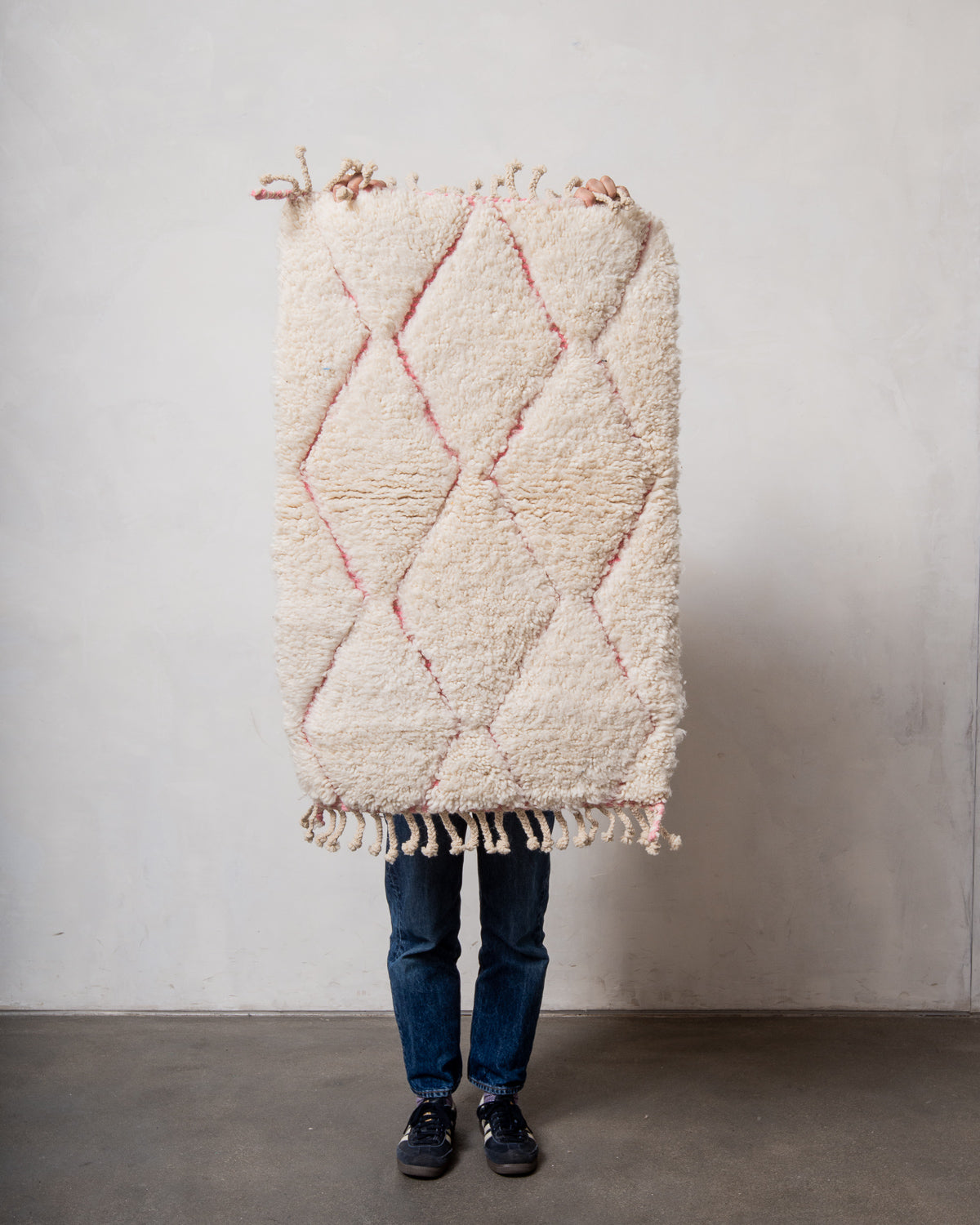 Modern, designer, handcrafted Berber rug from Morocco. Beniourain carpet with beautiful colours and patterns and fluffy wool texture.